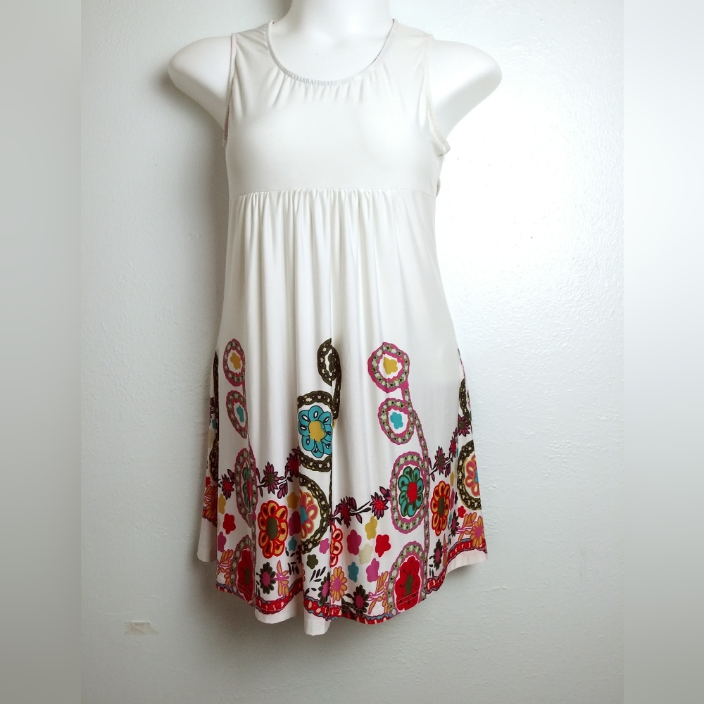 REBORN M Swing Dress Size M Ivory Floral Hem Print Boho Artsy